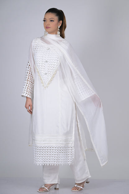 Stunning Frost White Suit Set Cotton Silk : Modern Sophistication  - #ISH-46-02