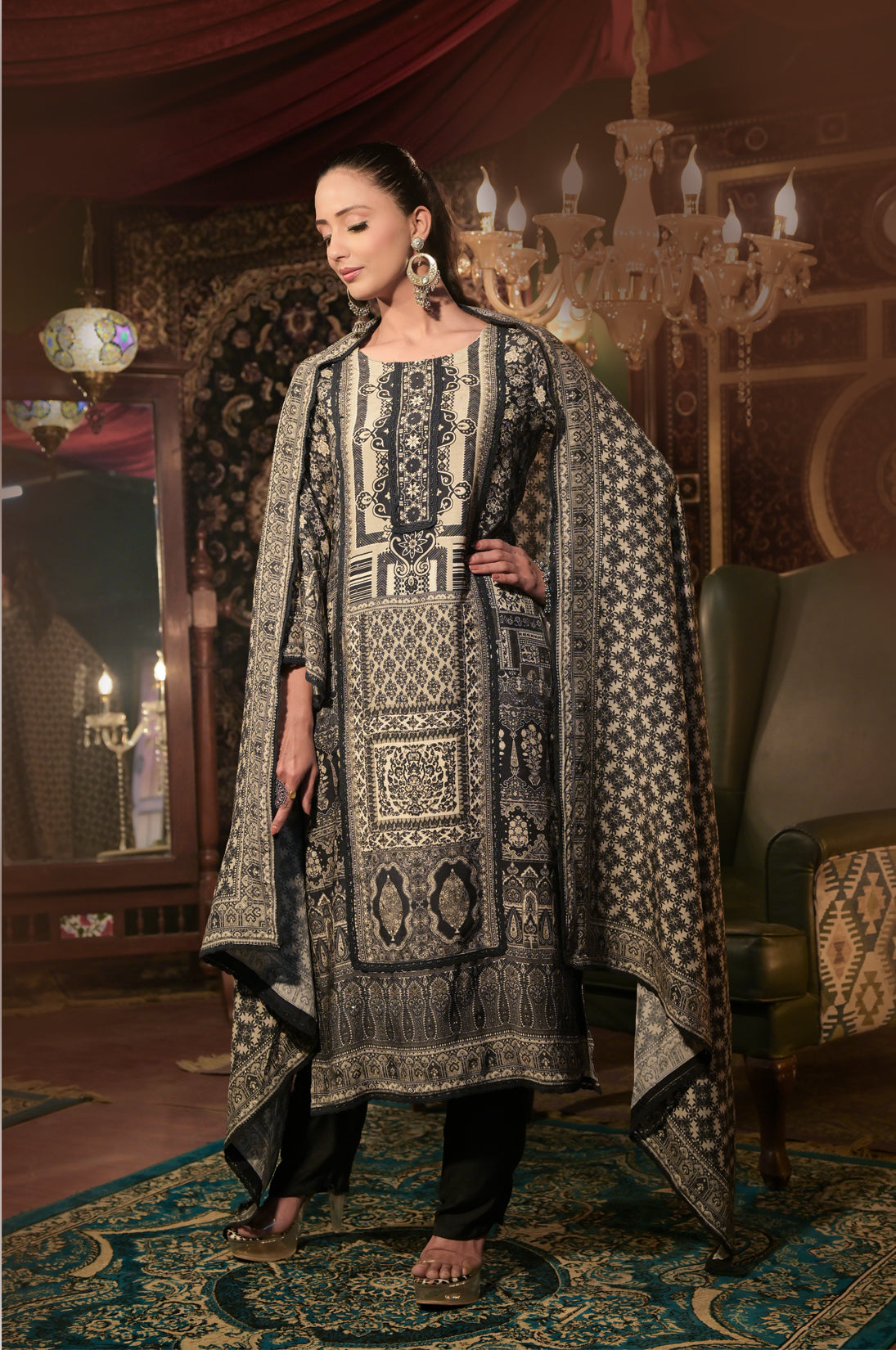 Black Print Straight Suit Set, Cotton Muslin - Summer Collection #ISH1424