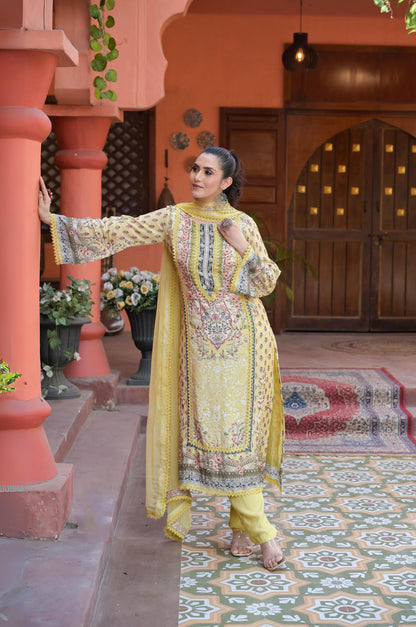 Pastel Yellow Print Suit Set, Cotton Muslin - Summer Collection #ISH1395