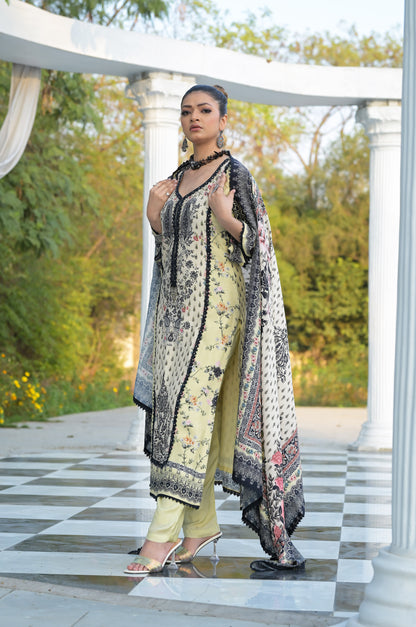 Creamy Intricate printed Cotton Muslin Suit - Summer Collection #ISH-020-01