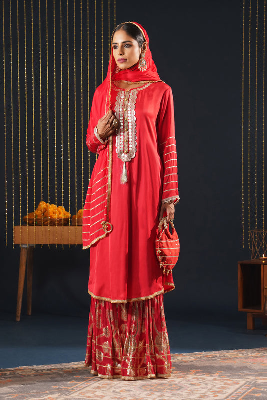 Scarlet Red Crepe Choga Suit Effortlessly Elegant - Jashn-E-Rang