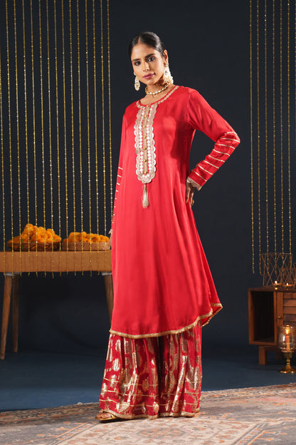 Scarlet Red Crepe Choga Suit Effortlessly Elegant - Jashn-E-Rang