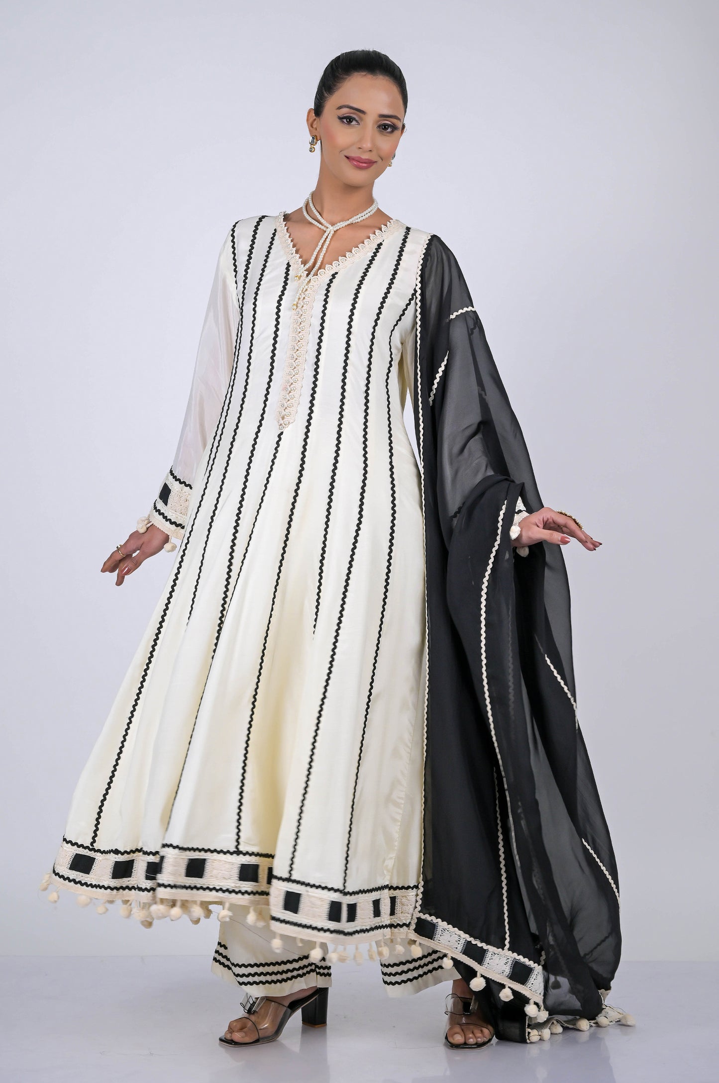 Elegant Cream Anarkali Suit with Delicate Lace Work: Modern Sophistication  - #ISH-48-01