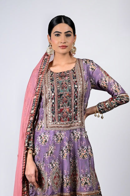 Traditional Pakistani Embroidered Sharara Suit in Lavender and Pink Pink - Pure Imported Muslin  #ISH-60-01