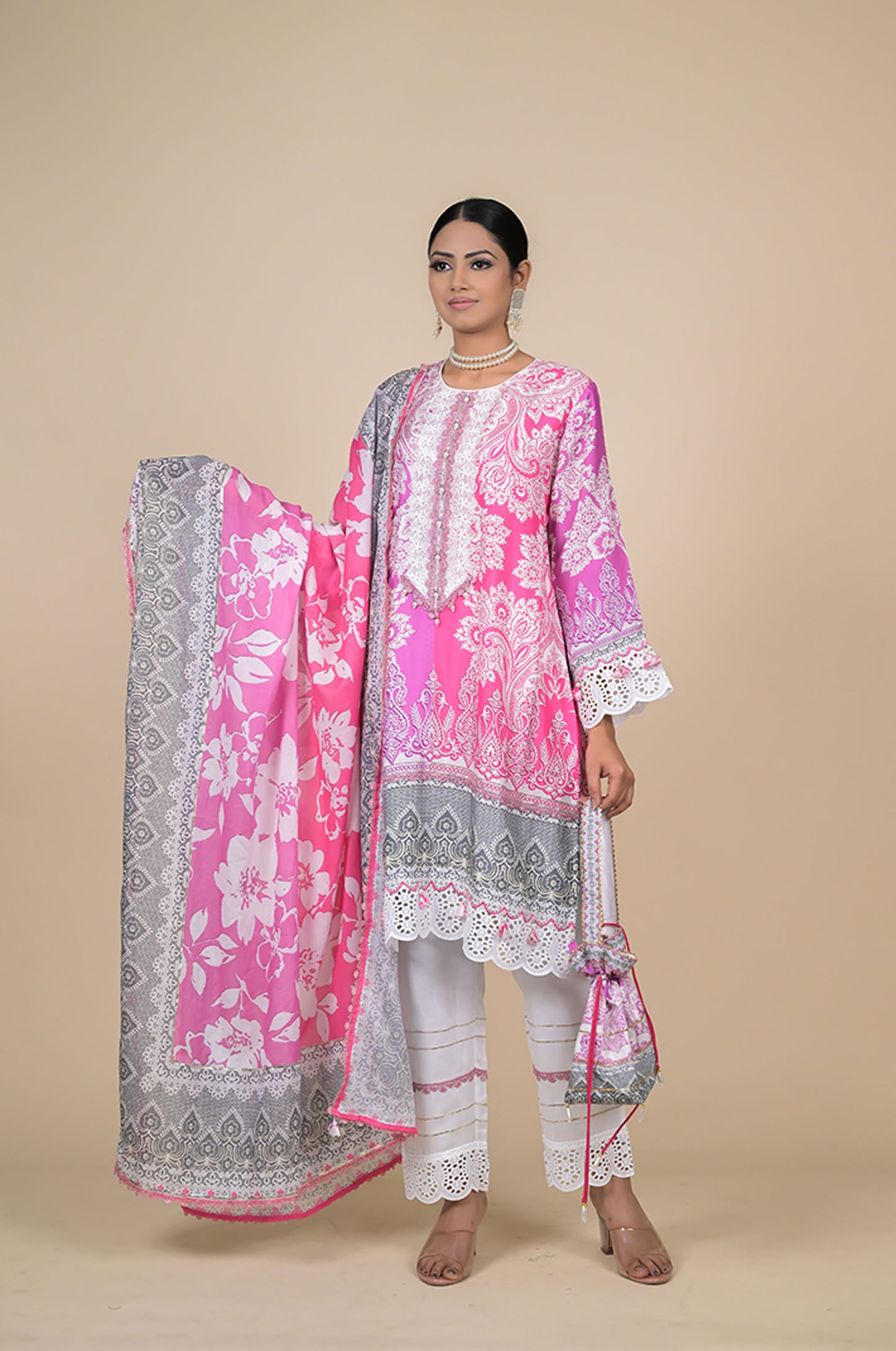 Vibrant Pink Floral Designer Suit - Perfect for Every Occasion Cotton Muslin - #ISH-32-01