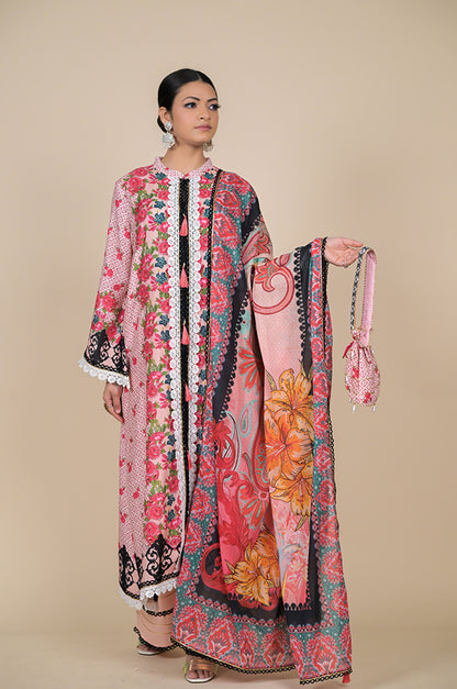 Amazing Coral Pink Floral Suit - A Timeless Classic Cotton Muslin - #ISH-36-01