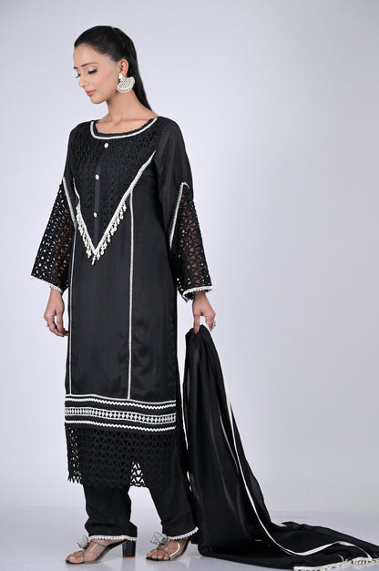 Stunning Black Suit Set Cotton Silk : Modern Sophistication  - #ISH-46-01