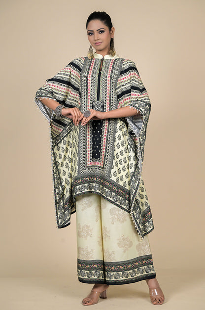 Elegant Traditional Attire: Handcrafted Kaftan with Floral Palazzo Pants - Cotton Muslin #ISH-27-01