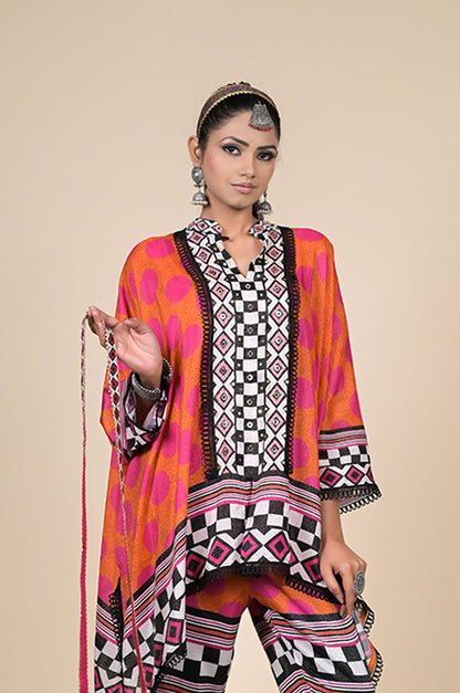 Abstract Printed Coral Kaftan Orange , Cotton Muslin - Summer Collection #ISH-24-01