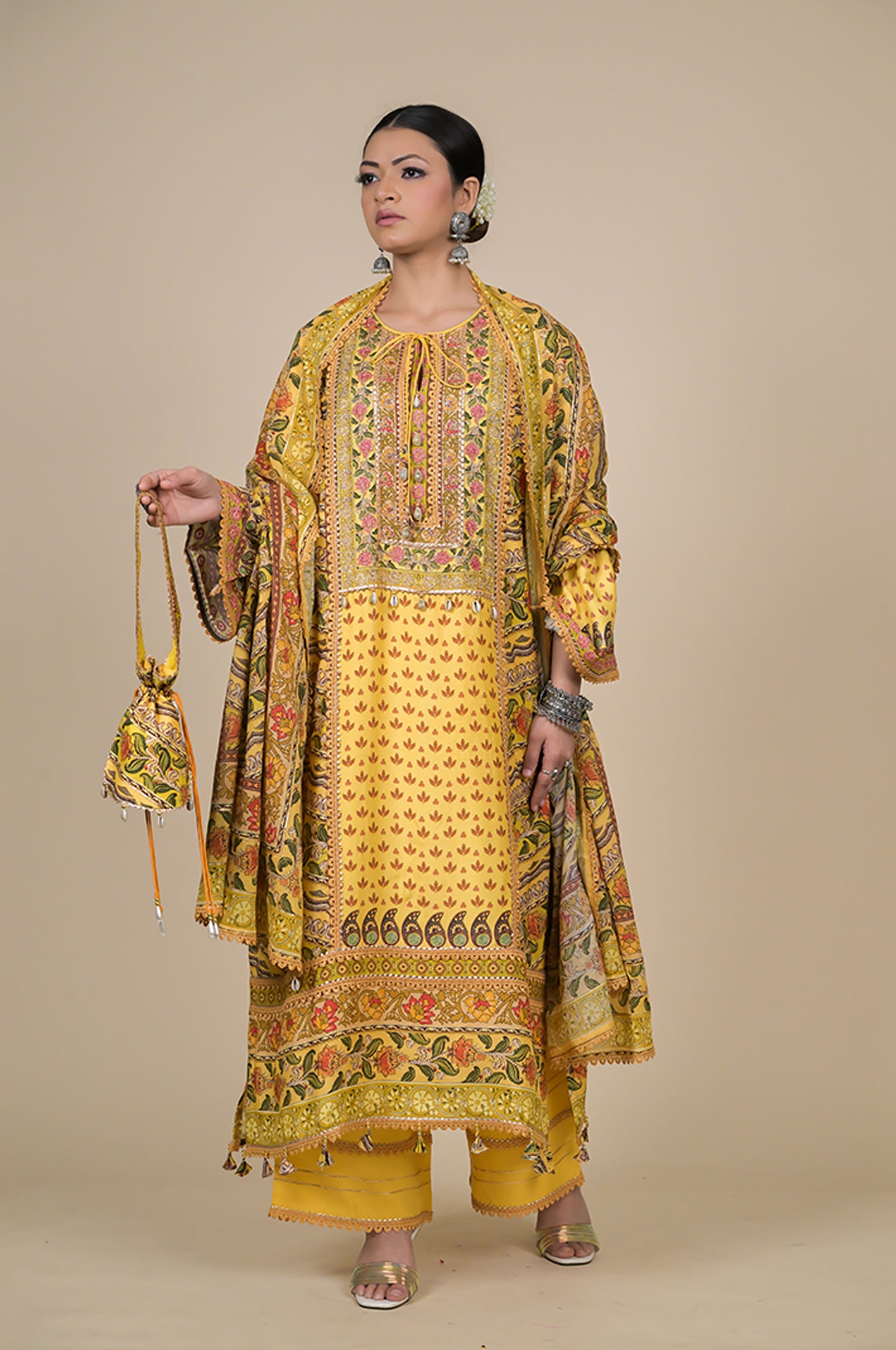 Vibrant Yellow Floral Suit Set - A Timeless Classic Cotton Muslin - #ISH-38-01