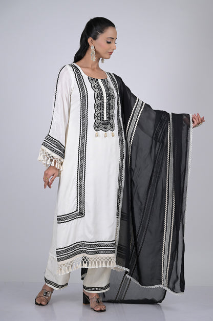 Frost White & Black Cotton Silk Suit Set - A Timeless Classic  - #ISH-45-01