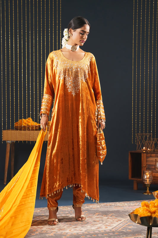 Jashn-E-Rang - Mustard Velvet Choga Suit Intricate Heritage Embroidery