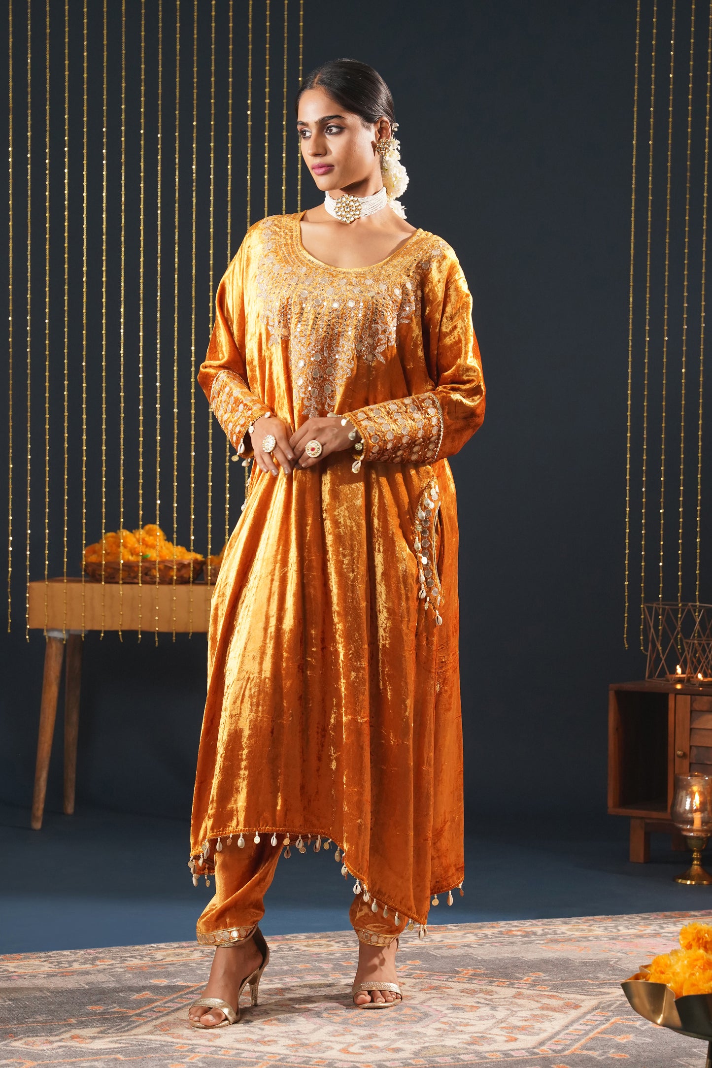 Jashn-E-Rang - Mustard Velvet Choga Suit Intricate Heritage Embroidery