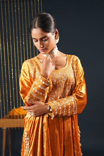 Jashn-E-Rang - Mustard Velvet Choga Suit Intricate Heritage Embroidery