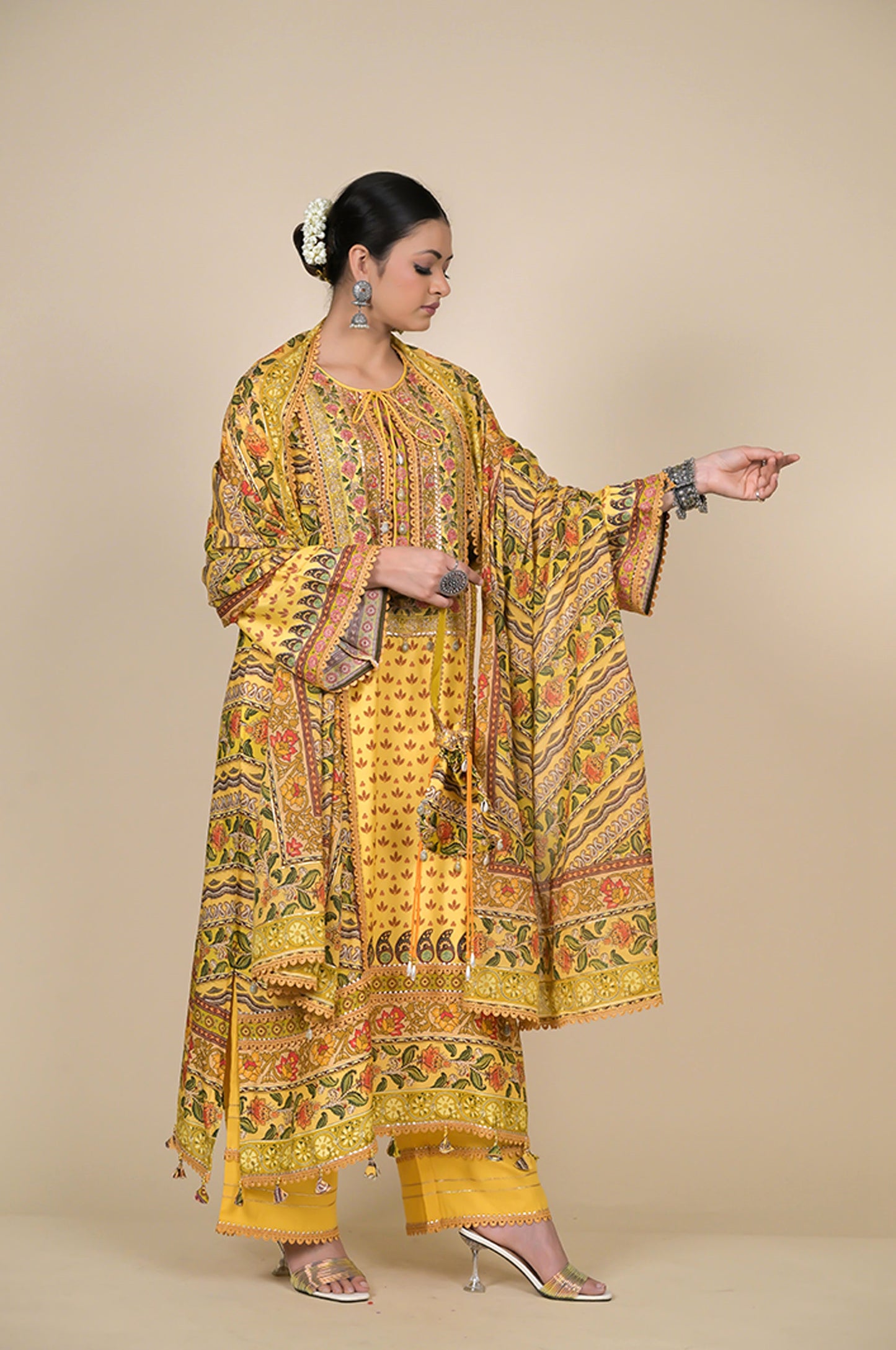 Vibrant Yellow Floral Suit Set - A Timeless Classic Cotton Muslin - #ISH-38-01