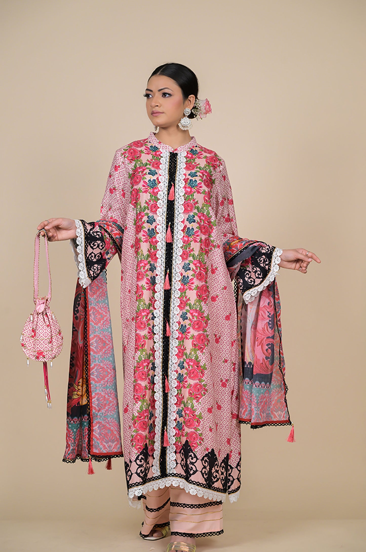 Amazing Coral Pink Floral Suit - A Timeless Classic Cotton Muslin - #ISH-36-01