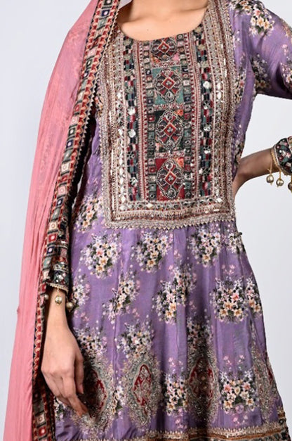 Traditional Pakistani Embroidered Sharara Suit in Lavender and Pink Pink - Pure Imported Muslin  #ISH-60-01