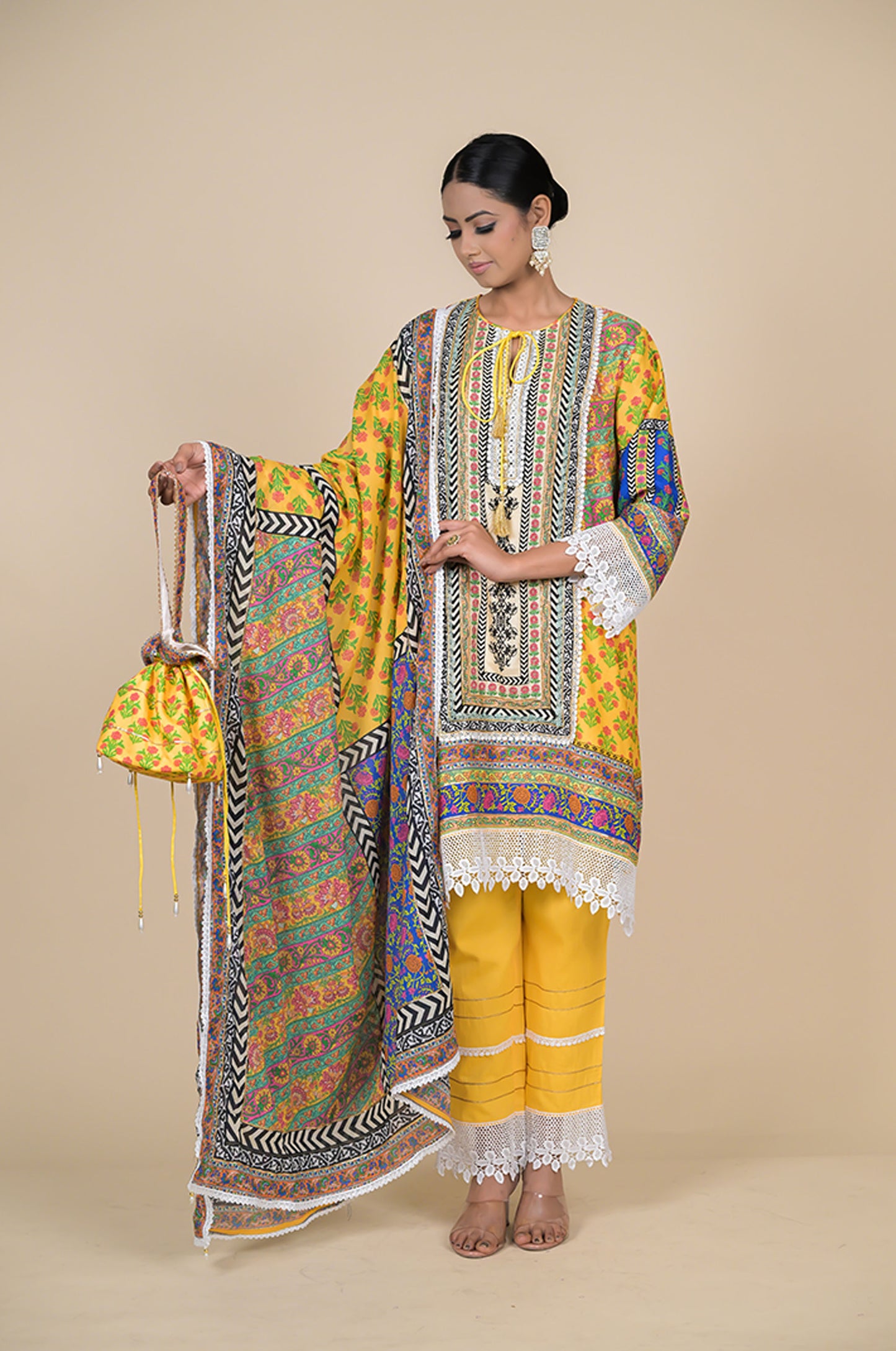 Corn Yellow Chevron Printed Suit Set, Cotton Muslin - Summer Collection #ISH-30-01