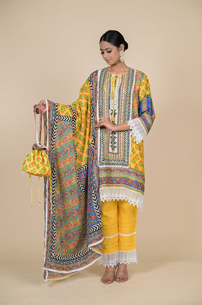 Corn Yellow Chevron Printed Suit Set, Cotton Muslin - Summer Collection #ISH-30-01