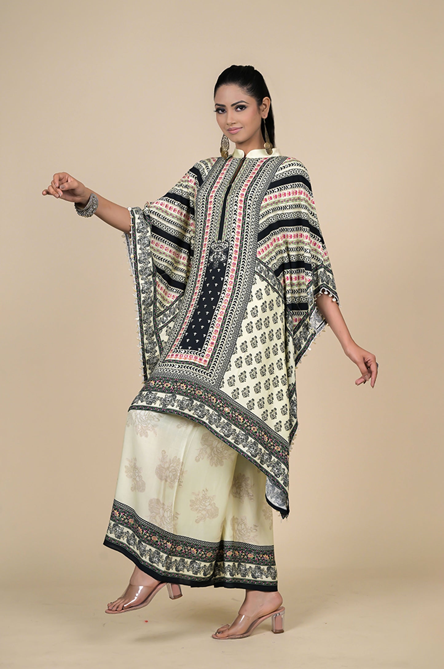 Elegant Traditional Attire: Handcrafted Kaftan with Floral Palazzo Pants - Cotton Muslin #ISH-27-01