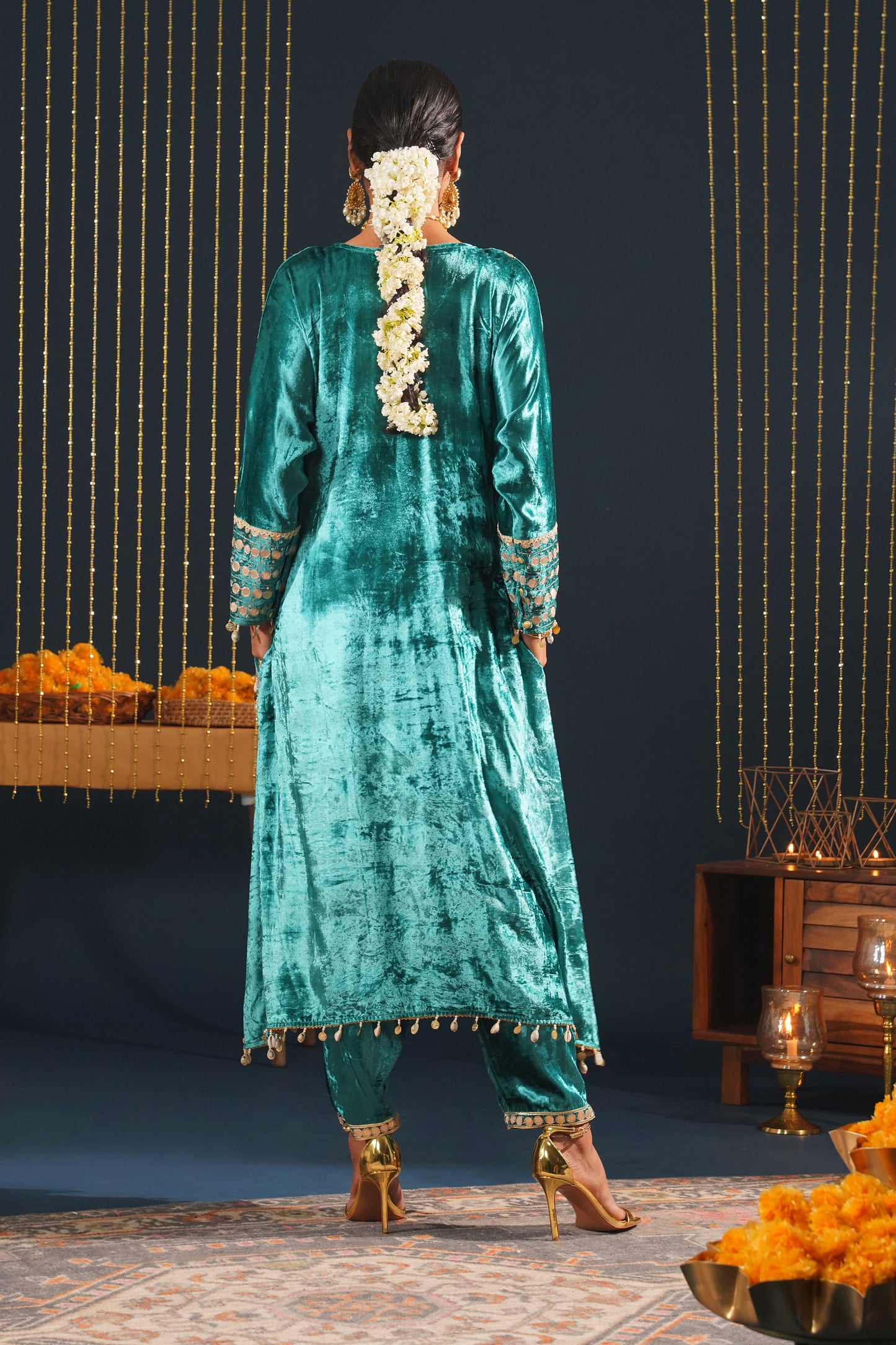 Jashn-E-Rang - Teal Velvet Choga Suit Set with Intricate Embroidery