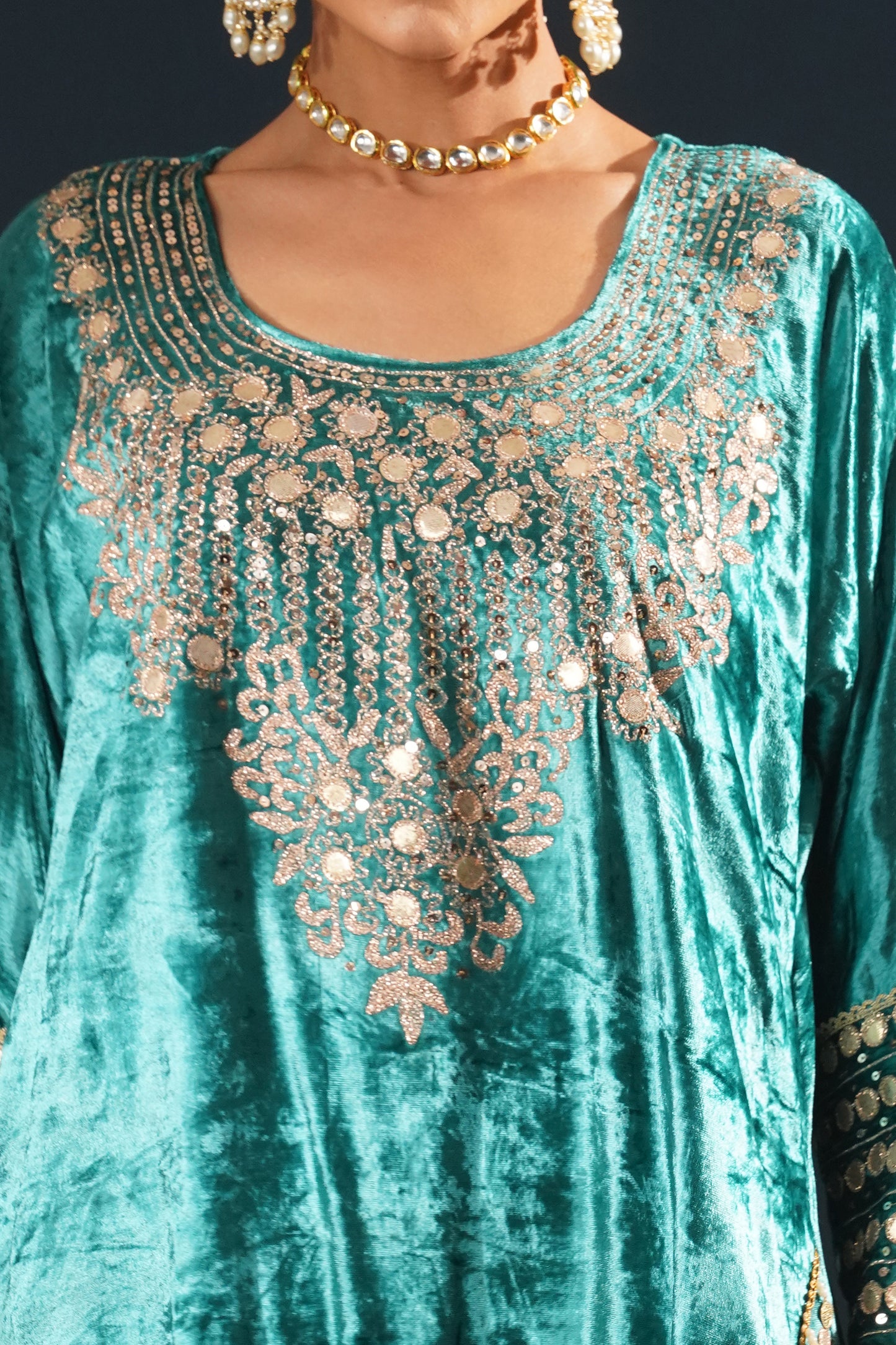 Jashn-E-Rang - Teal Velvet Choga Suit Set with Intricate Embroidery