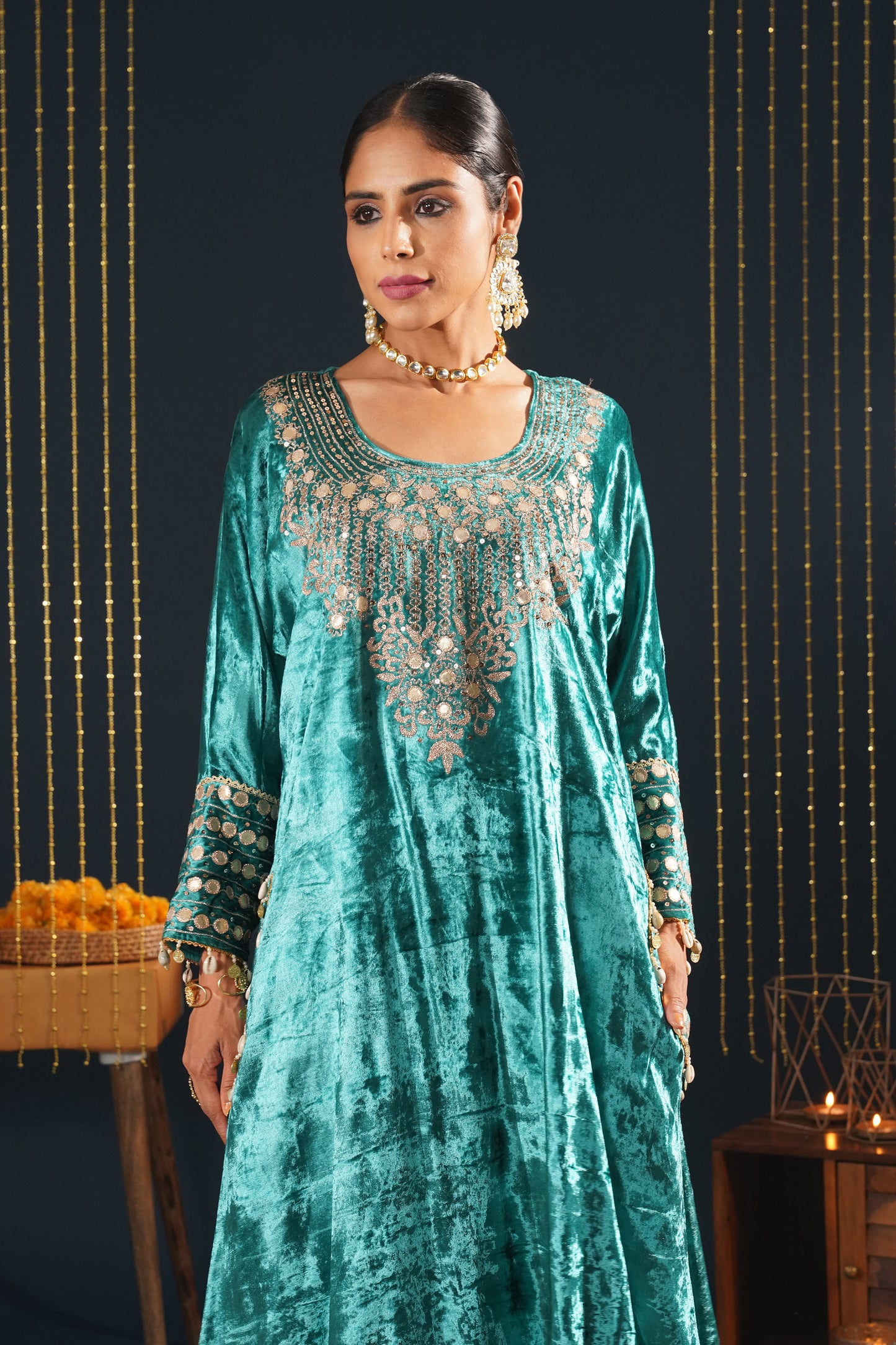 Jashn-E-Rang - Teal Velvet Choga Suit Set with Intricate Embroidery