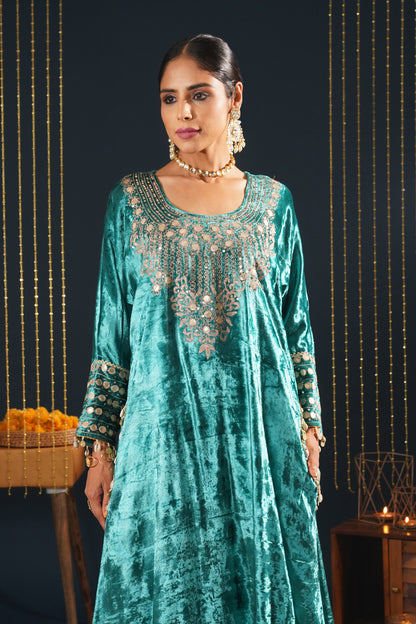 Jashn-E-Rang - Teal Velvet Choga Suit Set with Intricate Embroidery