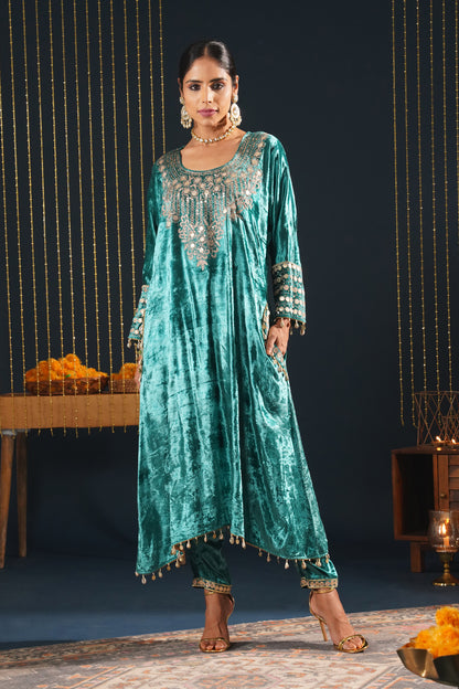 Jashn-E-Rang - Teal Velvet Choga Suit Set with Intricate Embroidery