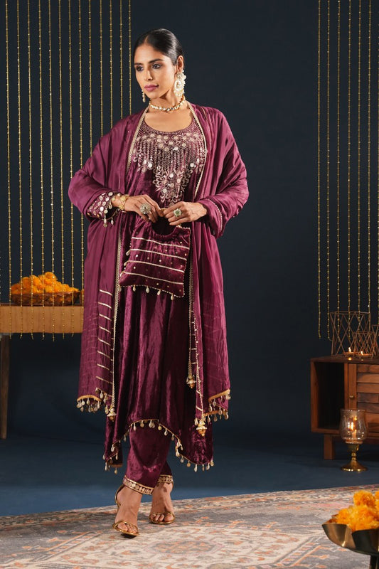 Jashn-E-Rang - Wine Velvet Choga Suit Set with Intricate Embroidery