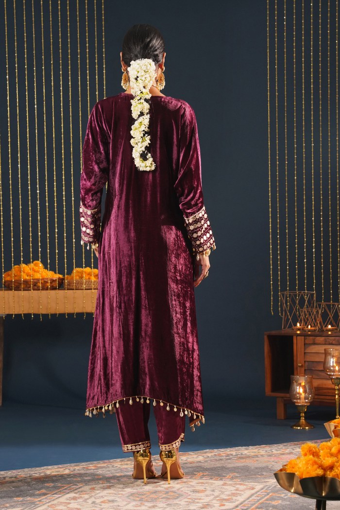 Jashn-E-Rang - Wine Velvet Choga Suit Set with Intricate Embroidery