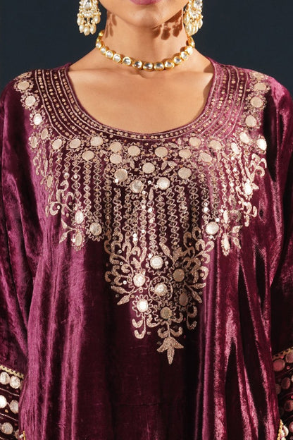 Jashn-E-Rang - Wine Velvet Choga Suit Set with Intricate Embroidery