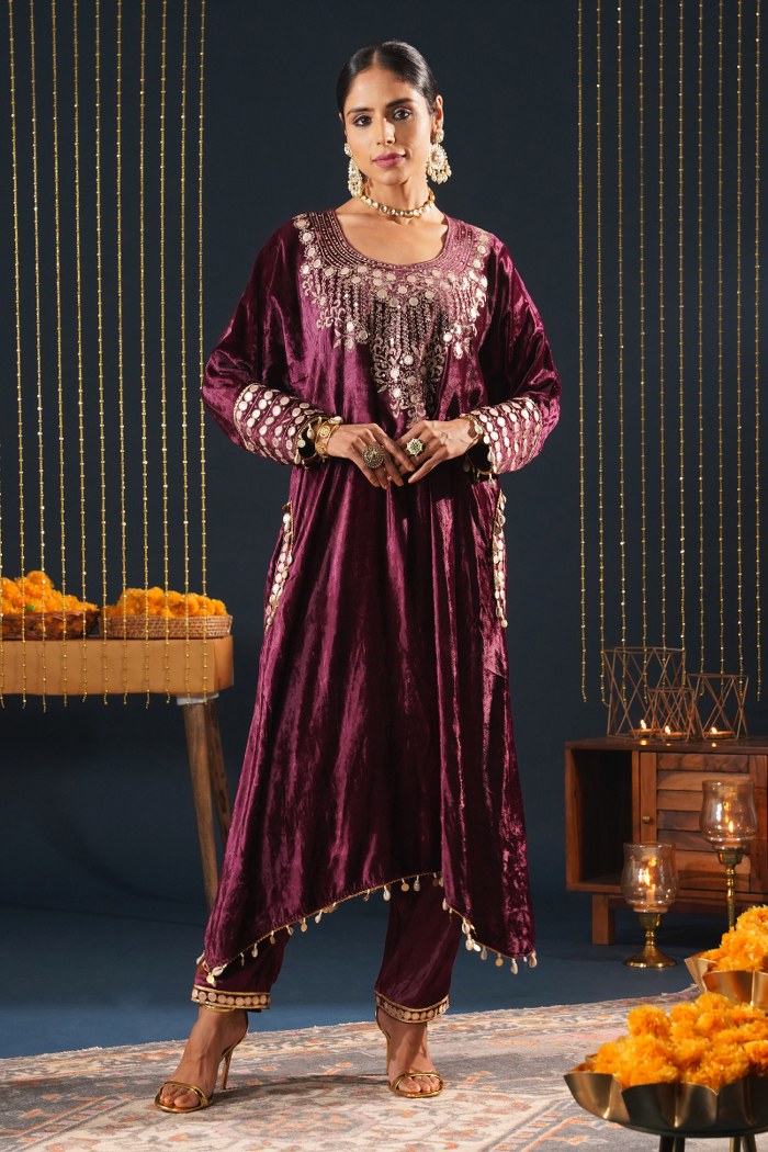 Jashn-E-Rang - Wine Velvet Choga Suit Set with Intricate Embroidery