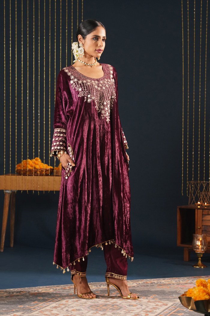 Jashn-E-Rang - Wine Velvet Choga Suit Set with Intricate Embroidery