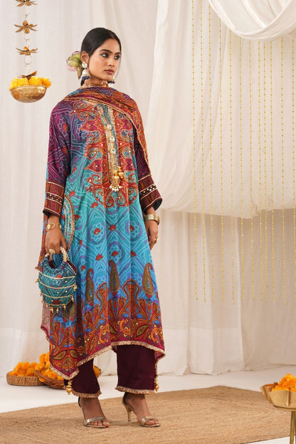 Vibrant Multicolor Blue Hues Choga Suit Set - Riwayat