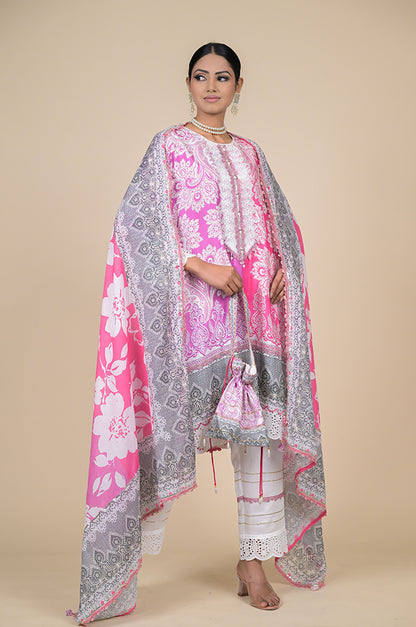 Vibrant Pink Floral Designer Suit - Perfect for Every Occasion Cotton Muslin - #ISH-32-01