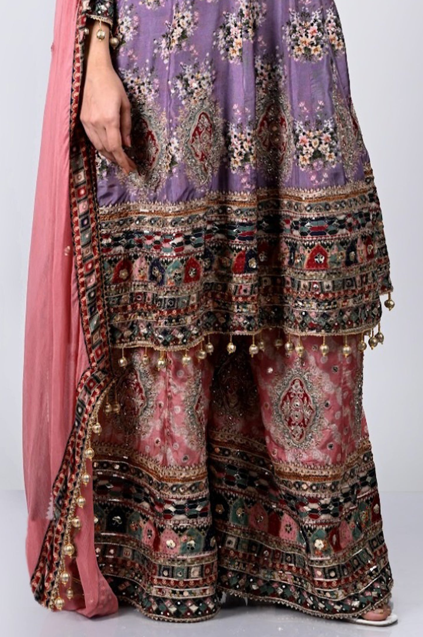 Traditional Pakistani Embroidered Sharara Suit in Lavender and Pink Pink - Pure Imported Muslin  #ISH-60-01