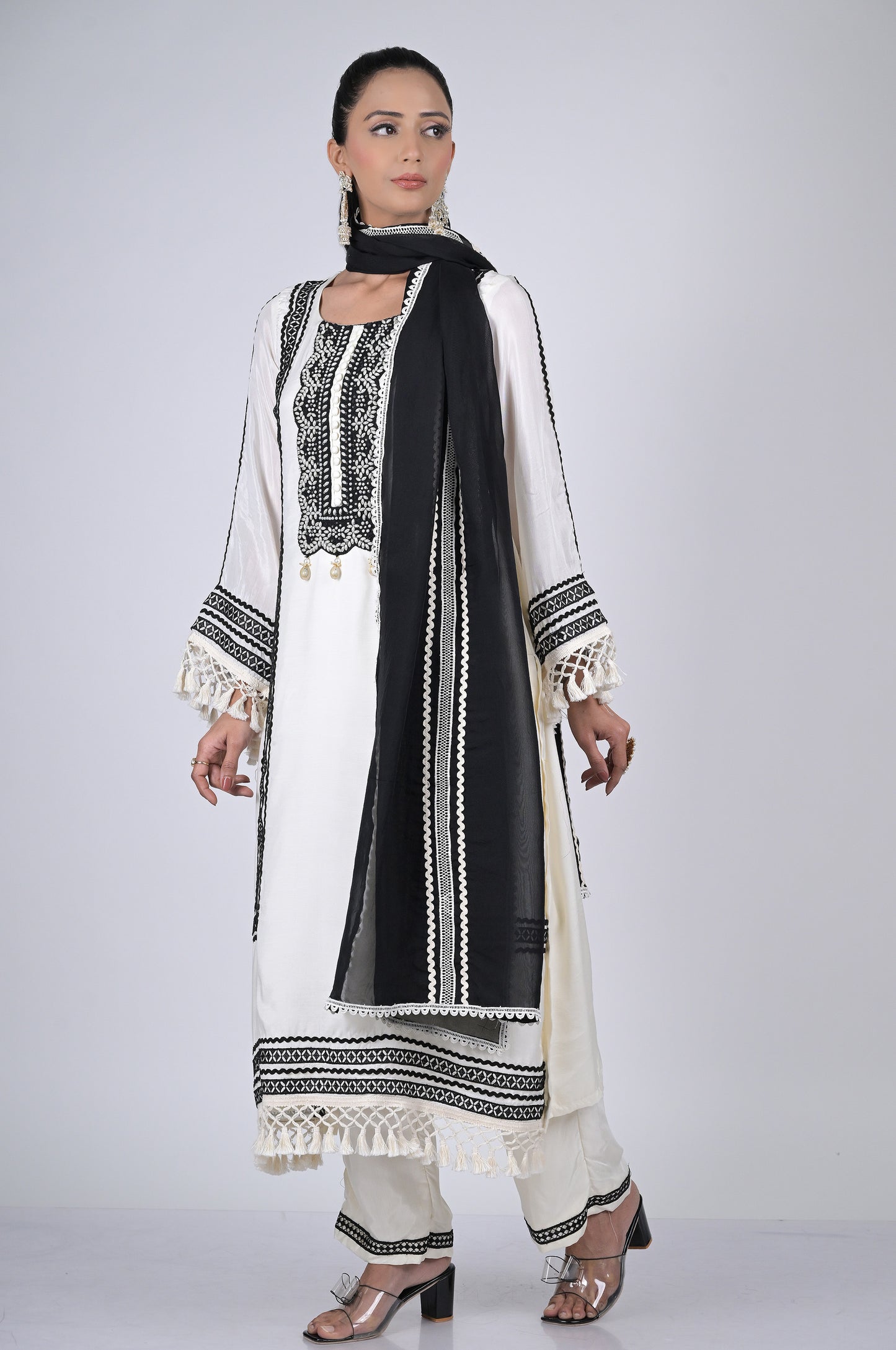 Frost White & Black Cotton Silk Suit Set - A Timeless Classic  - #ISH-45-01