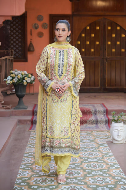 Pastel Yellow Print Suit Set, Cotton Muslin - Summer Collection #ISH1395