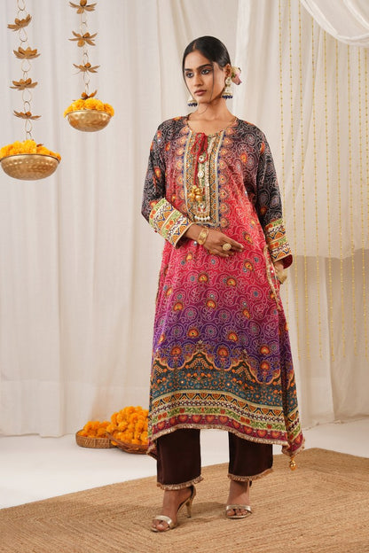 Vibrant Multicolor Pink Hues Choga Suit Set - Riwayat