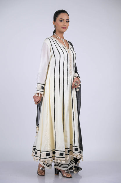 Elegant Cream Anarkali Suit with Delicate Lace Work: Modern Sophistication  - #ISH-48-01