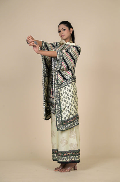 Elegant Traditional Attire: Handcrafted Kaftan with Floral Palazzo Pants - Cotton Muslin #ISH-27-01