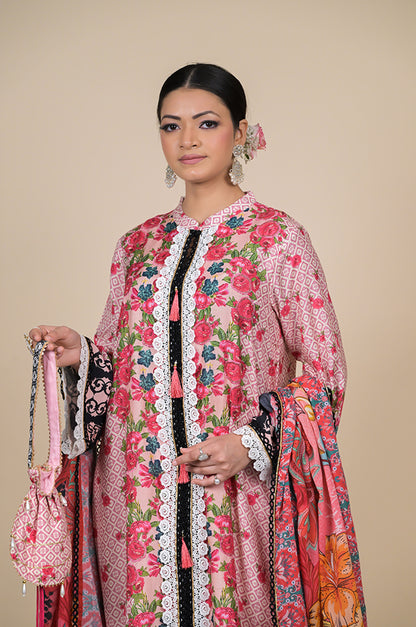 Amazing Coral Pink Floral Suit - A Timeless Classic Cotton Muslin - #ISH-36-01