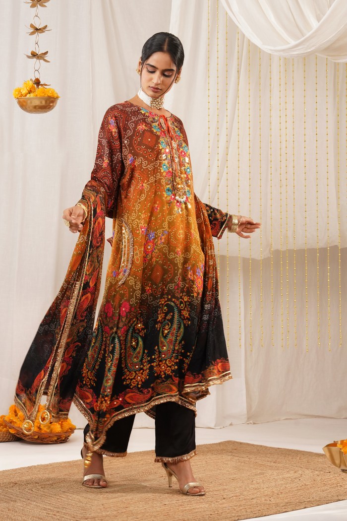 Multicolor Orange Hues Choga Suit Set - Riwayat