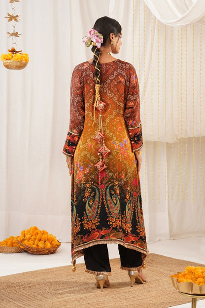 Multicolor Orange Hues Choga Suit Set - Riwayat