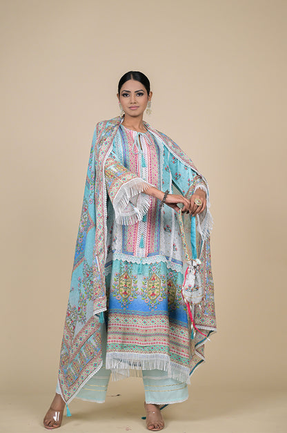 Graceful Looking Neon Blue Designer Suit - Perfect for Every Occasion Cotton Muslin - #ISH-34-02