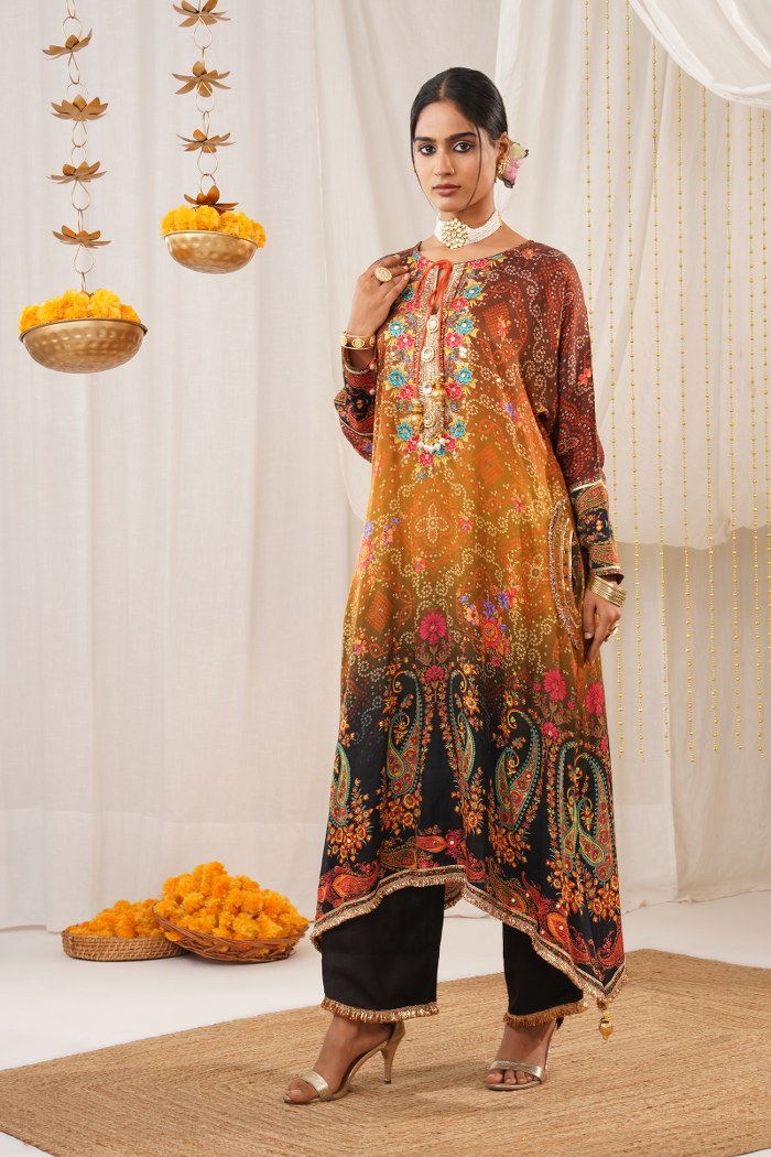 Multicolor Orange Hues Choga Suit Set - Riwayat