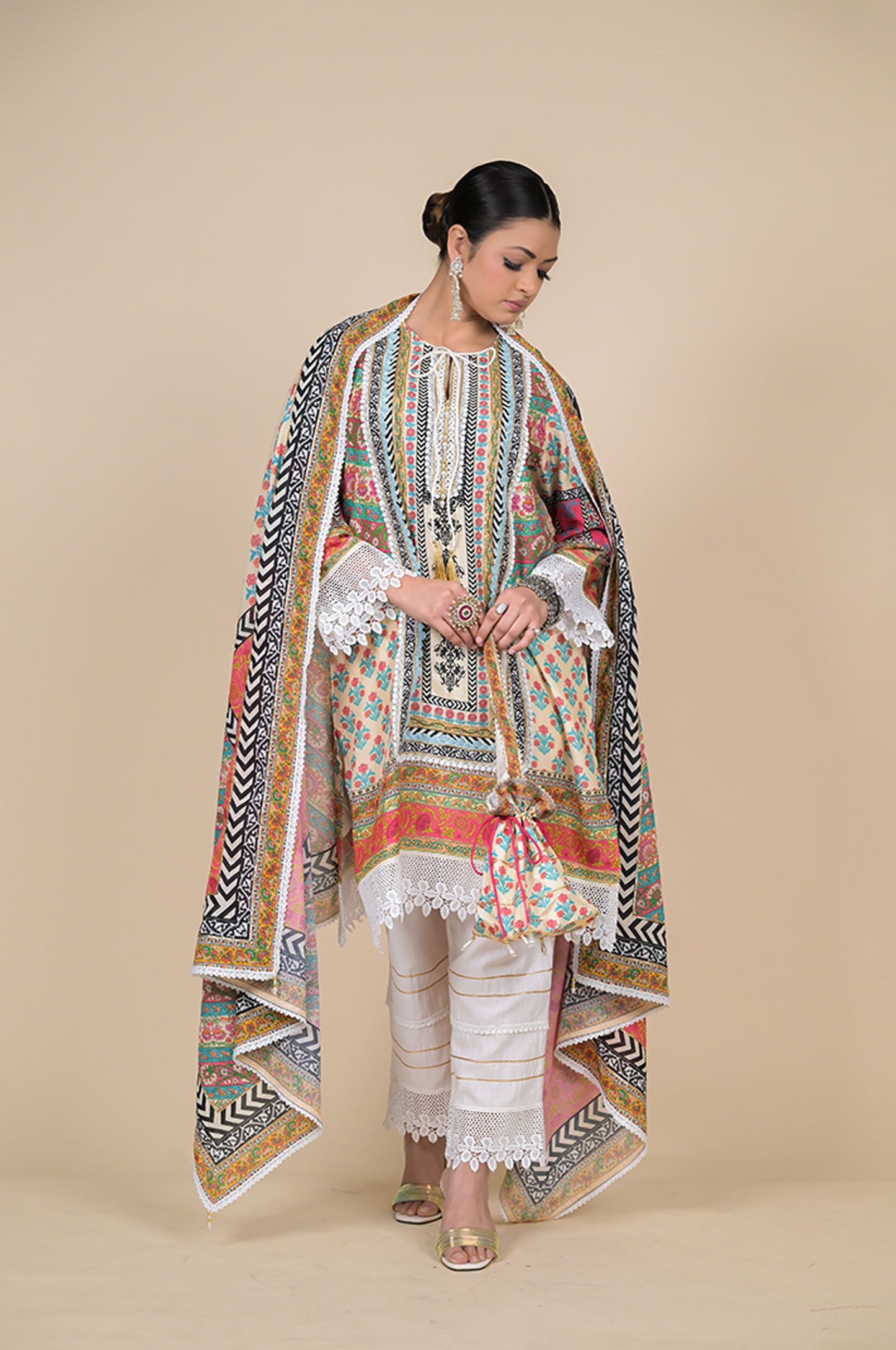 Elegant Multicolored Traditional Outfit with Intricate Patterns -  #ISH-30-02