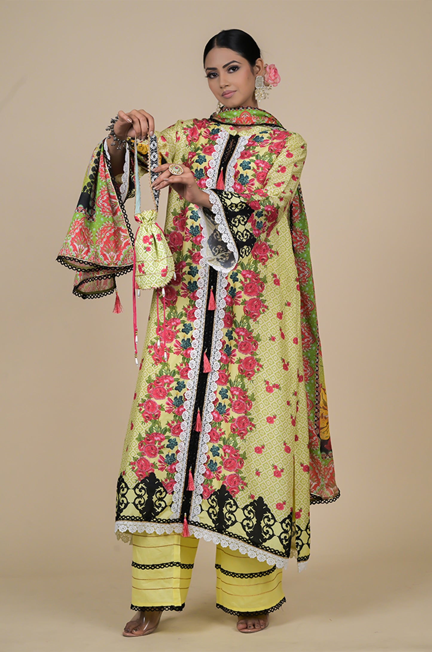 Amazing Lemon Yellow Floral Suit - A Timeless Classic Cotton Muslin - #ISH-36-02