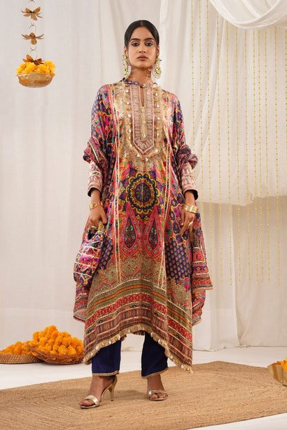 Riwayat - Dark Coral Multicolor Printed Velvet Suit Set with Potli and Dupatta